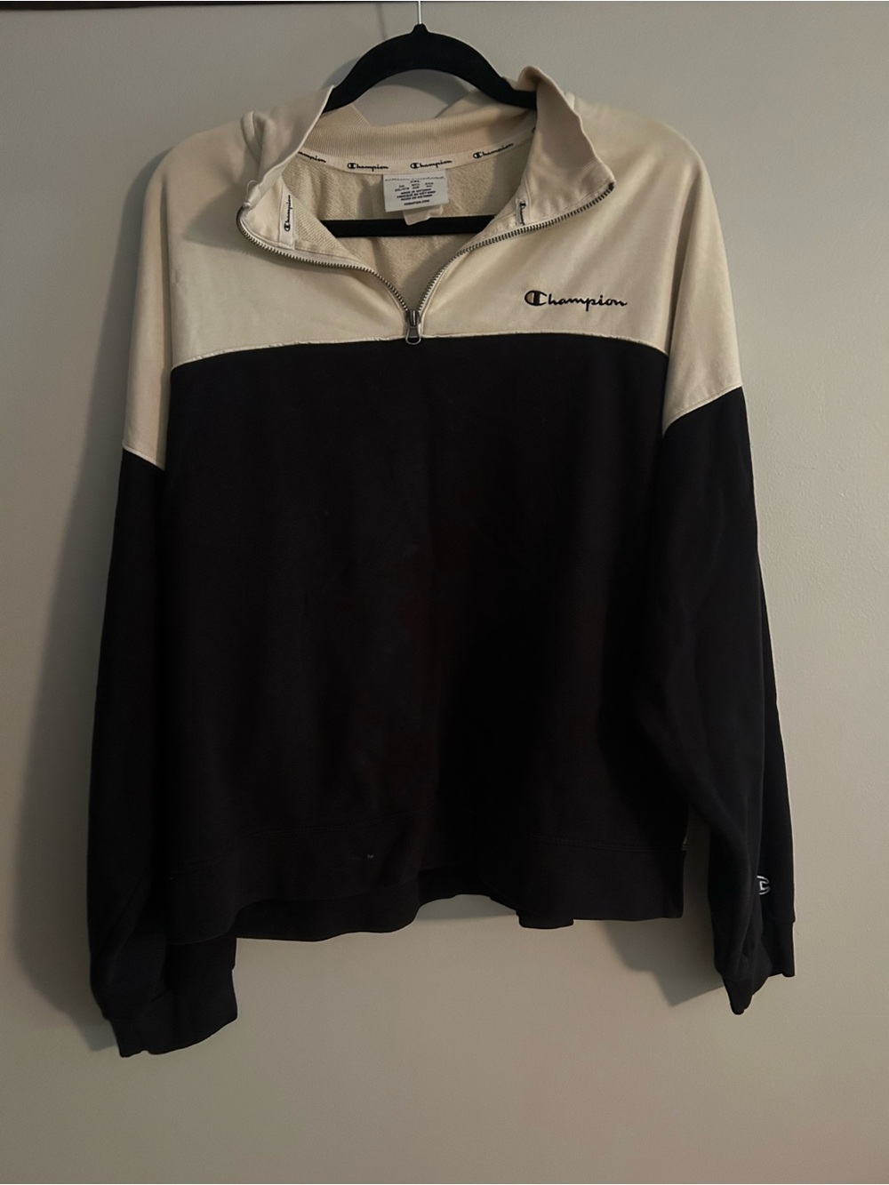 Champion Women’s Black and Cream Half-Zip Pullover Sweatshirt